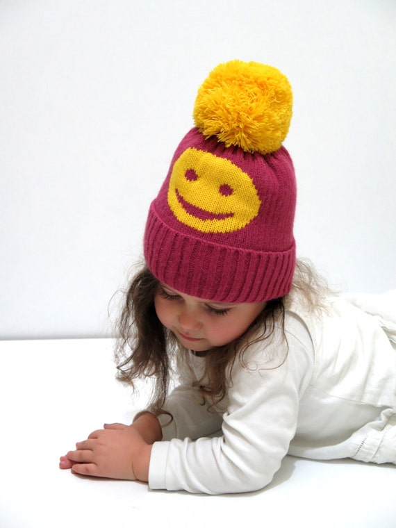 pattern knit beanie pom cable pom Chunky pattern Beanie, pom Knit pom Pink Pom Yellow face Hats, smiley