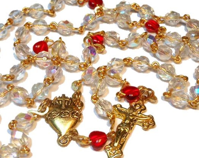 FREE SHIPPING Aurora Borealis rosary "Northern Lights" gold plated wire, AB beads , red heart Pater beads, gold plated center and crucifix