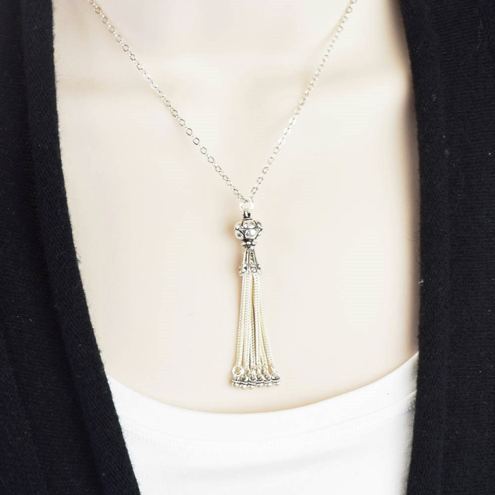 Sterling Silver Tassel Necklace Long Layered Necklace 