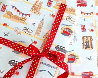 Single Sheet Gift Wrap with Tag - Underground, Overground' - London Wrapping Paper - British Wrap - Union Jack Gift Wrap