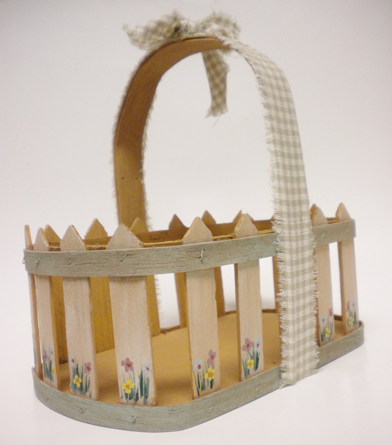 Picket Fence Basket with Hand Painted Flowers Painted Wood