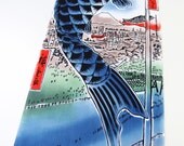 Japanese carp Tenugui cotton fabric, indigo blue carps wrap fabric, kawaii fabric, wall decoration, quilt fabric, japanese curtain fabric