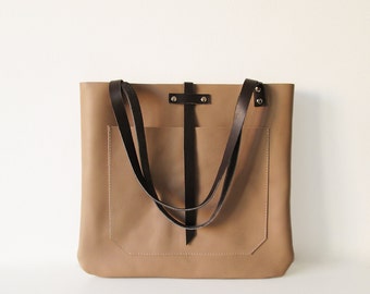 Large Leather Tote Bag, Taupe Tan, Shopper, Book bag, Casual Tote bag ...