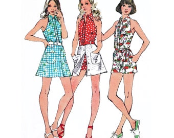 1973 Halter Playsuit/Romper, Tab Front, Collar, Button Front Mini Skirt, Self Sash, Boho Chic, Simplicity 5688, Bust 32.5" Uncut or Bust 34"