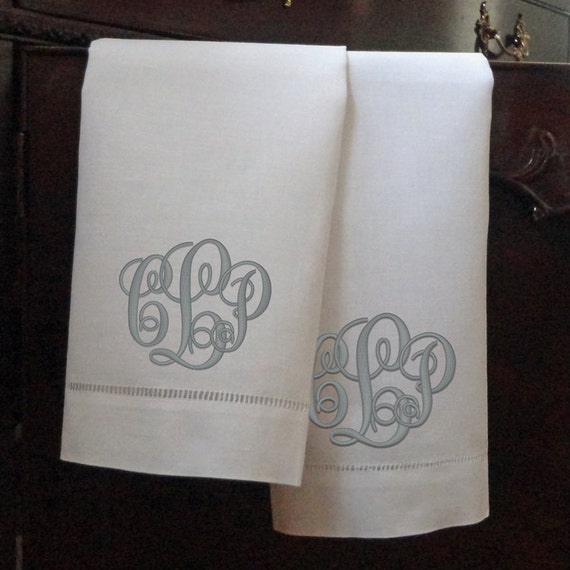 SET OF 2 Monogrammed Linen Guest Hand Towels
