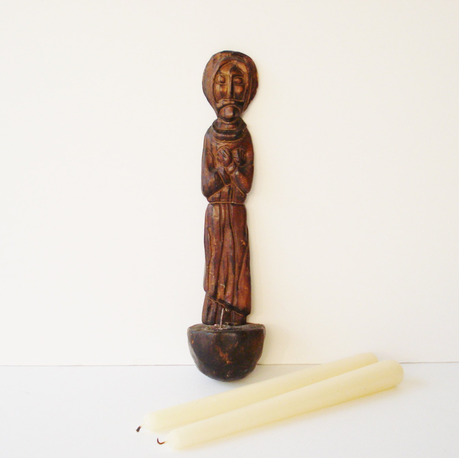Vintage Praying Saint Candle Holder Carved Wood Religious