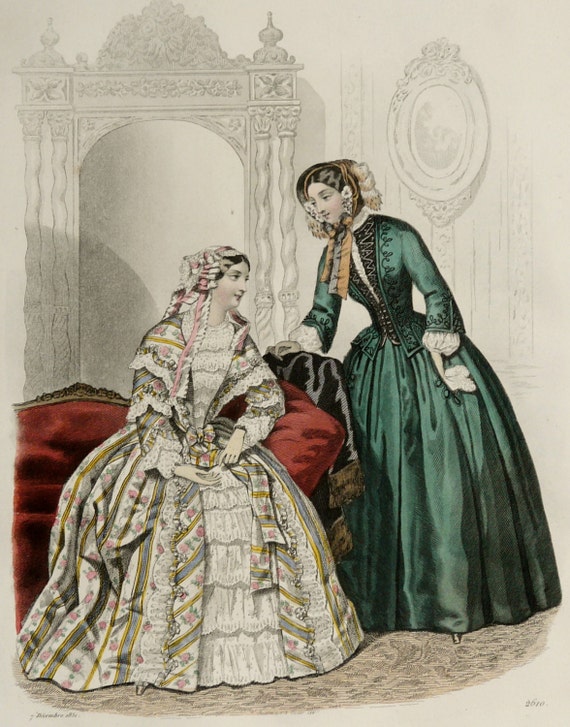 1851 Antique Fashion Lithograph Two Ladies In A Drawing Room