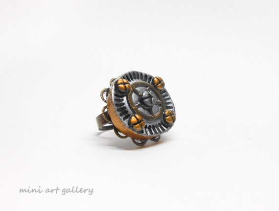 Steampunk silver round ring / screws gears cogs bolts / clockwork fantasy ring / OOAK Polymer clay / adjustable bronze plated filigree base by MiniArtGallery steampunk buy now online