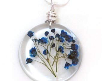 Blue Baby Breath Resin Necklace - Real Pressed Flower Encased in Resin - Pressed Flower Jewelry - Resin Necklace - Gift for her