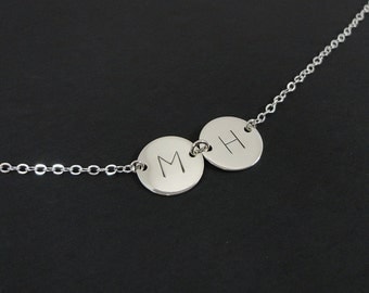 Sterling Silver Double Disc Initial Necklace - 1/2" discs - Hand Stamped Personalized Jewelry - Custom Initial necklace