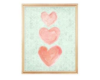 Coral and Mint Nursery Art, Peach and Mint Nursery Art, 8x10, Watercolor Hearts, Coral and Mint Girls Decor, Mint Wall Art, Coral Girls Room
