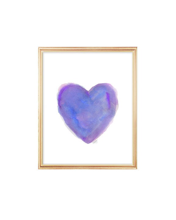 Purple Heart Print 8x10 Watercolor Print Purple and Blue