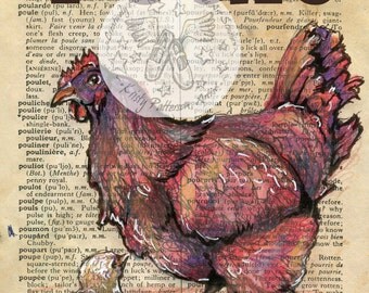print: Poule (French Chicken) Mixed Media Drawing on Antique Dictionary
