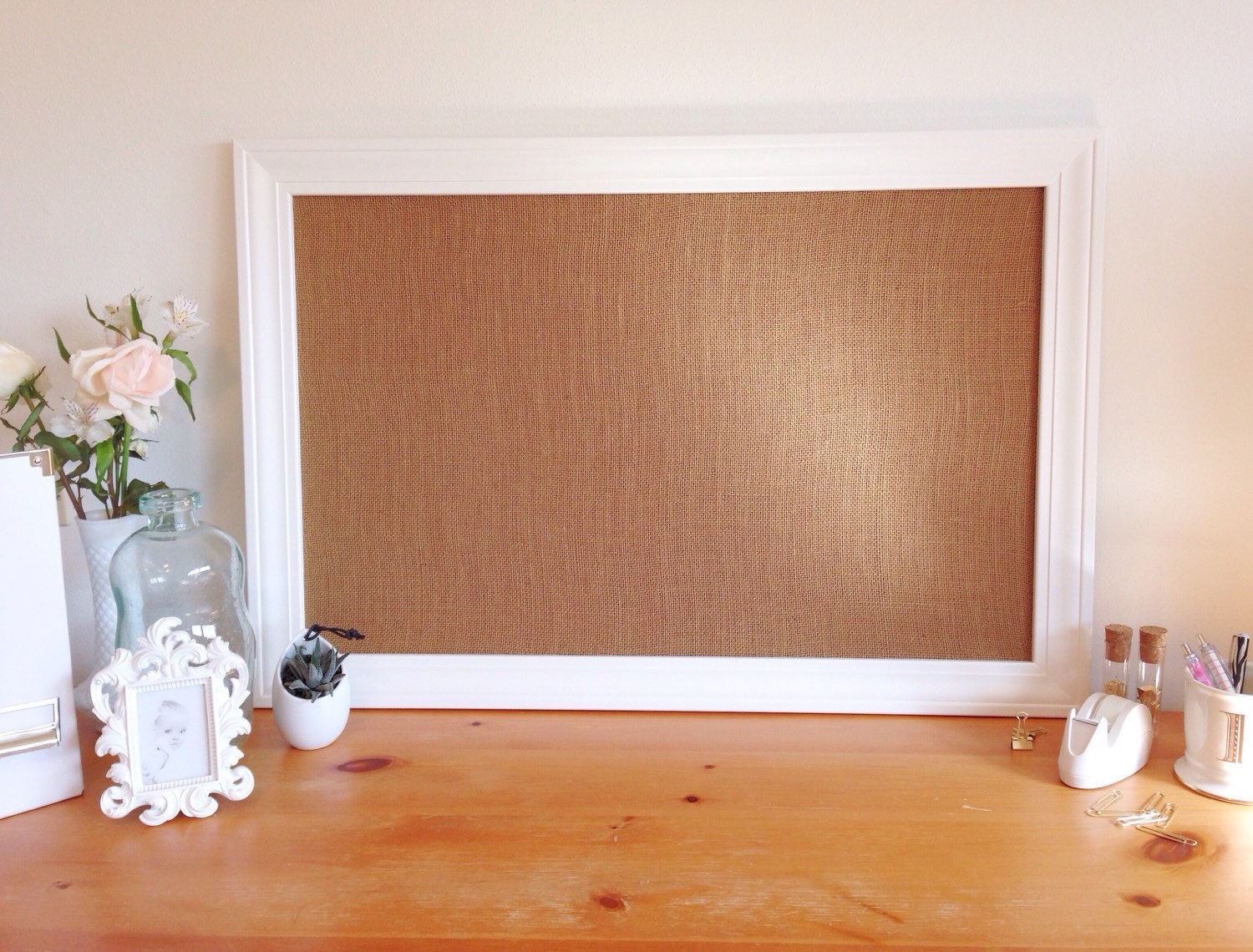 Large Framed Burlap Bulletin Board Memo Board Office Decor