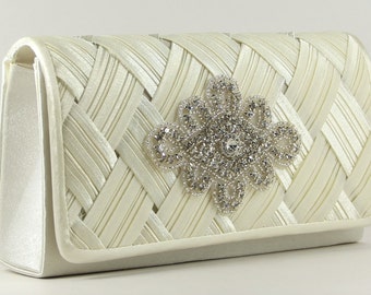 Bridal Clutch - Off White Satin Bridal Clutch with Austrian Crystal Accent - Wedding purse - Off White Purse - Bridal Clutch