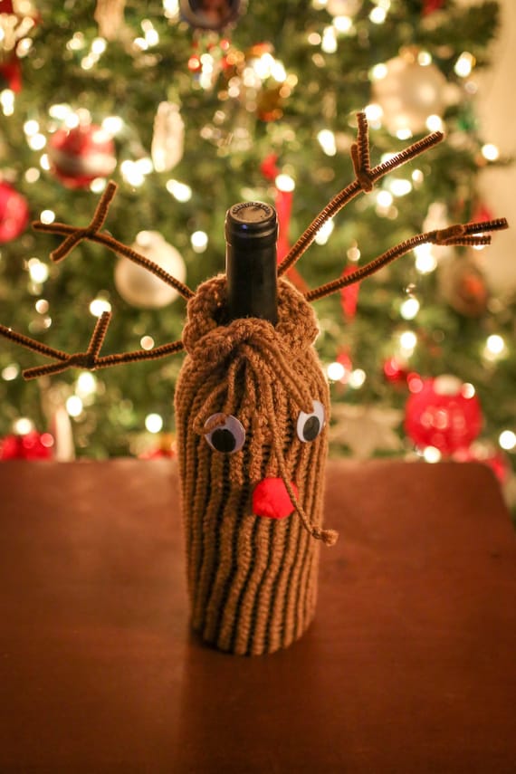 Christmas Reindeer Wine Bottle Cozy with Antlers