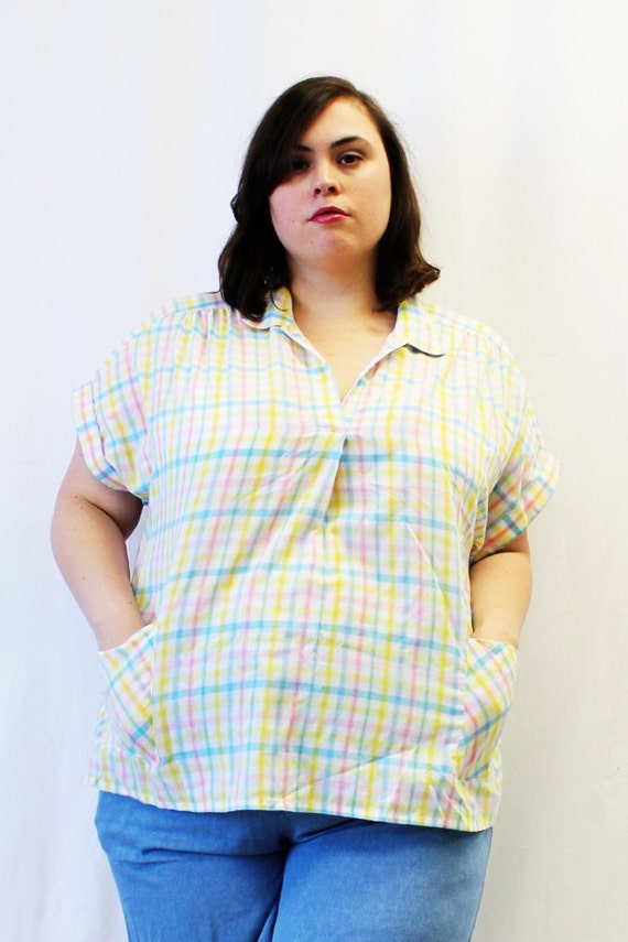 plus size vintage pastel plaid patch pocket tunic blouse plus size vintage pastel plaid patch pocket tunic blouse