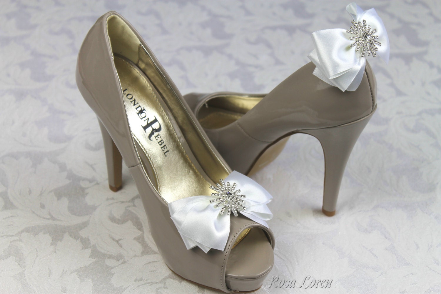 White Satin Shoe Clips White Bow Shoe Clip Bling Wedding