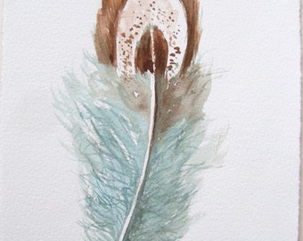 Aqua Brown Feather Watercolor Original Art Painting Feather Illustration Small Watercolors 7,5 by 11 inches Original watercolors only