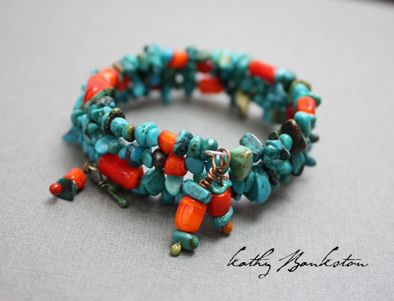 Turquoise Bracelet, Turquoise Beaded Wrap Bracelet, Southwestern Bracelets, Turquoise & Bead Bracelets, Wrapping Turquoise Bracelet