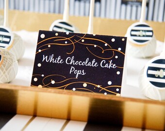 Instant Download Printable Place Cards, Food Labels // Buffet Food Labels, Editable Tent Cards // Black and Gold, New Years Eve Party
