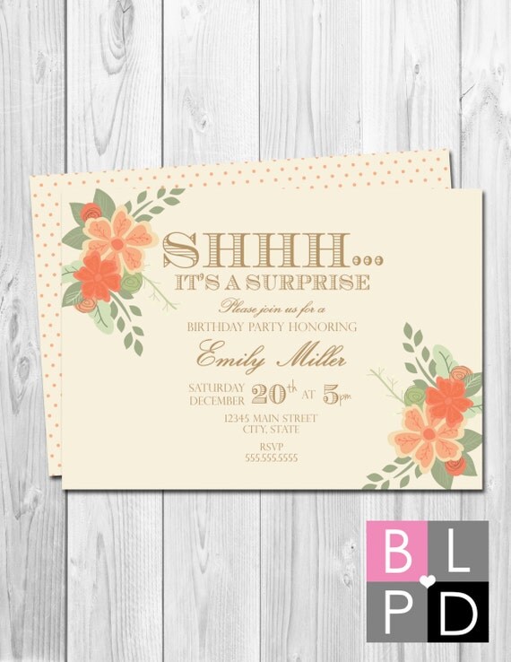 Surprise Party Invitation - Peach Gold and Cream Floral - BACKSIDE INCLUDED - DIY - Printable Il_570xn