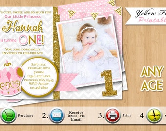 Princess Birthday Invitation, 1st Birthday, Gold and Pink, Princess Party Invitation, Glitter Invitation , Style 10 - Any Age, YOU PRINT