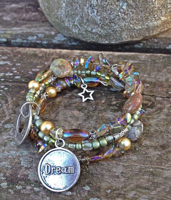 Live Your Dream: three wrap, memory wire, beaded bracelet, with metal stamped charm