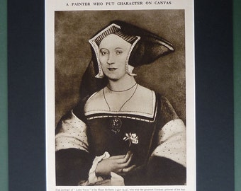 Vintage Hans Holbein Print of Lady Vaux Renaissance decor from one of the 16th century's greatest portrait painters, Antique Sepia Portrait