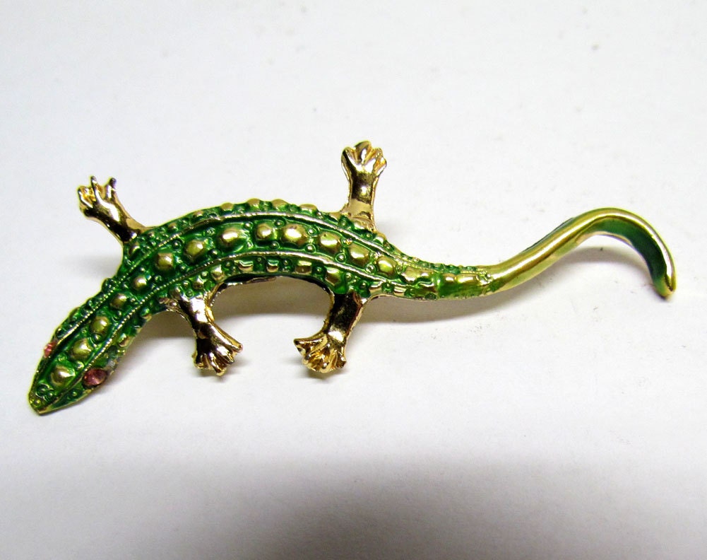 Lizard Brooch Pin Gold Tone and Green with by