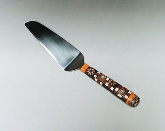 utensil Clay pizza Decorated Utensil Brown/Beige Motif, serving Floral Polymer  Checkerboard,