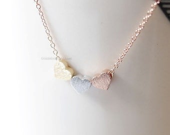 Tiny 3 hearts necklace, three hearts gold, silver, rose gold on gold, silver, rose gold chain.daint, simple, birthday, wedding, bridesmaid