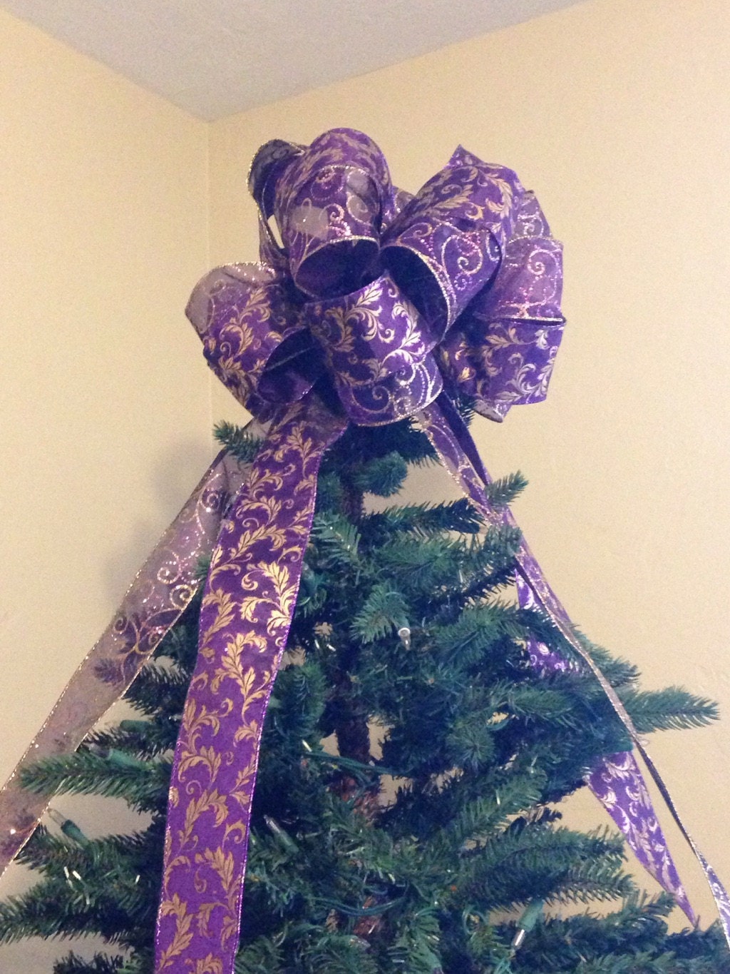 Christmas Tree Topper Bow/ Royal Purple and Gold Flourish Tree Topper Bow/ Purple and Gold Christmas Tree Bow/ Handmade Tree Topper Bows