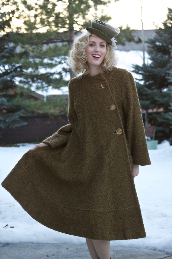 Vintage 1950s Coat Swing Coat Olive Green Wool Coat