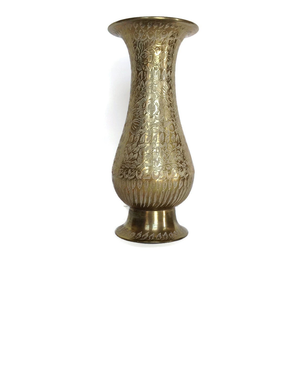 Vintage etched brass vase flowers and leaves by Acrossthegap