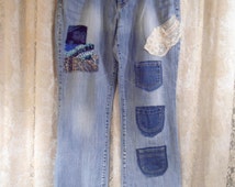 Hippie Patched Jeans Size 14 Womens Upcycled Redesigned Extra Pockets ...