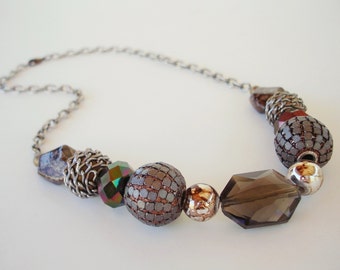 Brown and Gunmetal Beaded Chain Necklace