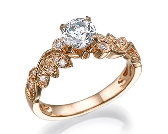 Rose Gold Engagement Ring, Unique engagement ring, Leaf Ring, 14k Ring, Diamond Ring, Promise Ring, Art Deco Ring, Wedding ring set