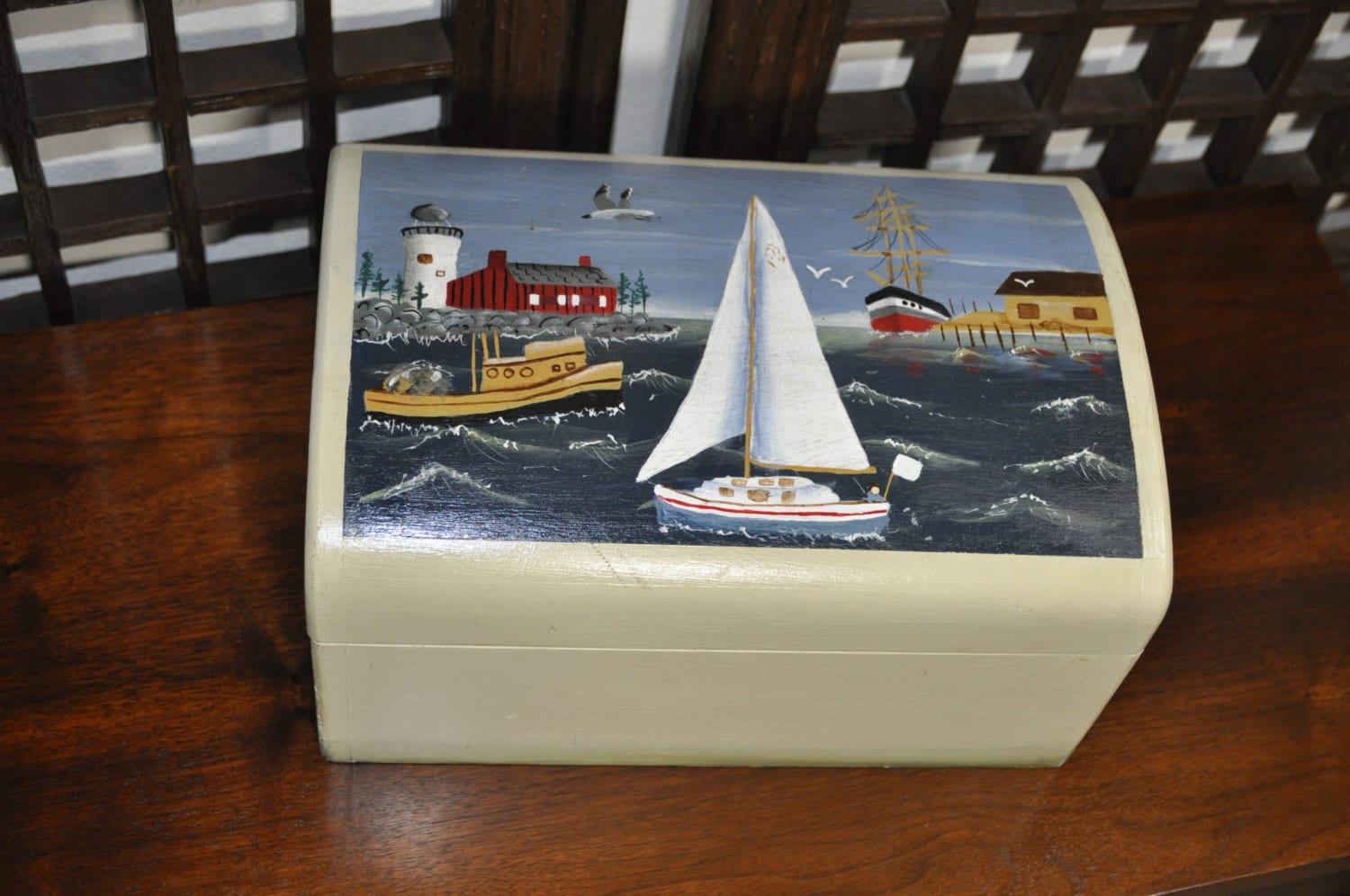 Hand painted wooden treasure chest/box with interior drawer and lower