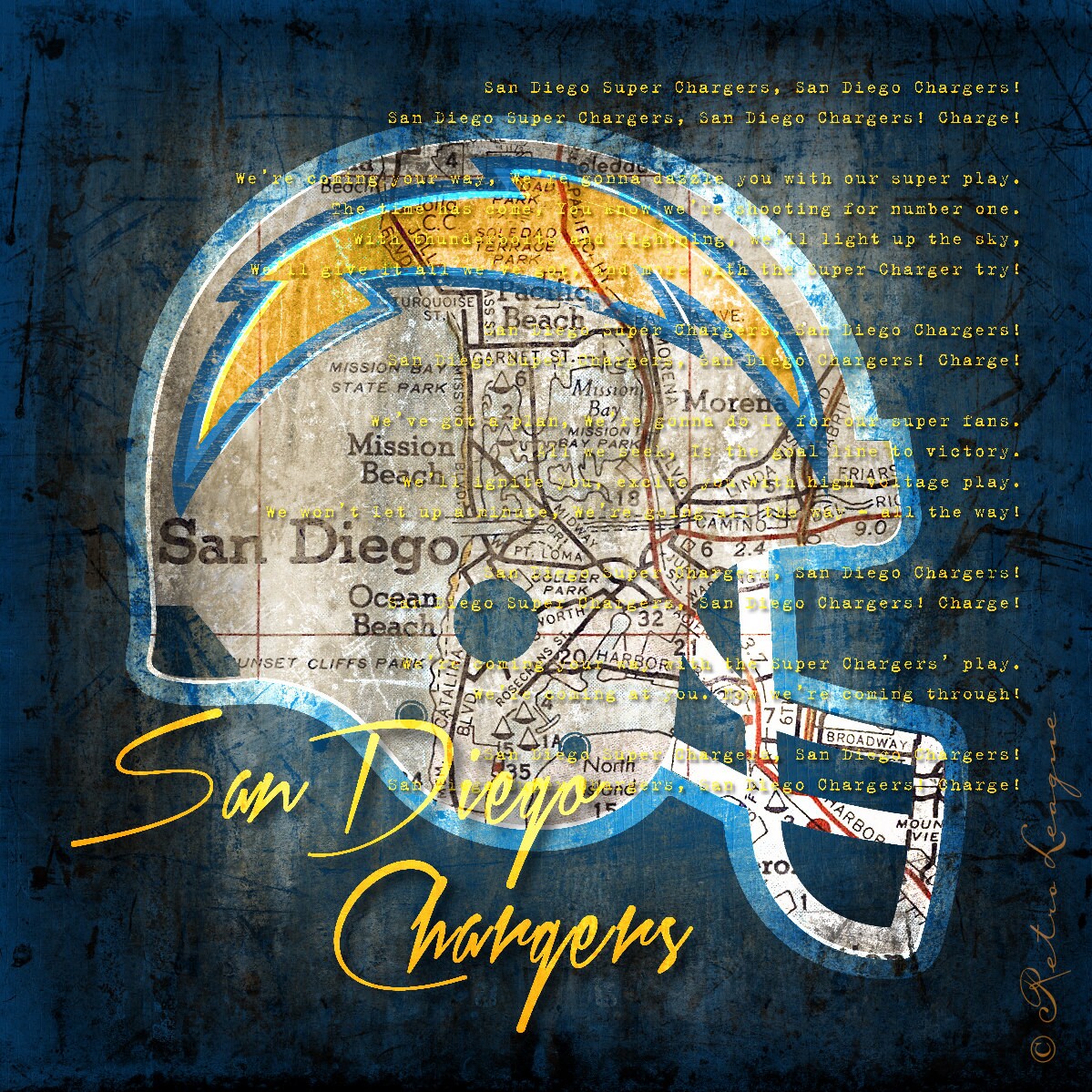 San Diego Chargers Retro City Map With Chargers Fight Song