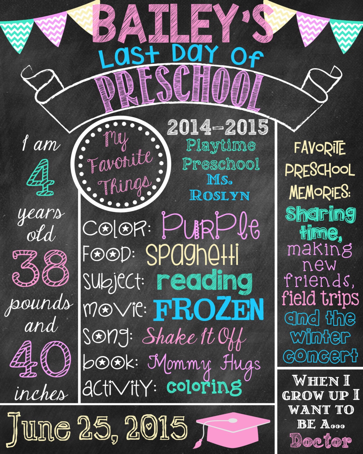 Last Day Of Preschool Chalkboard Poster Sign Last Day Of