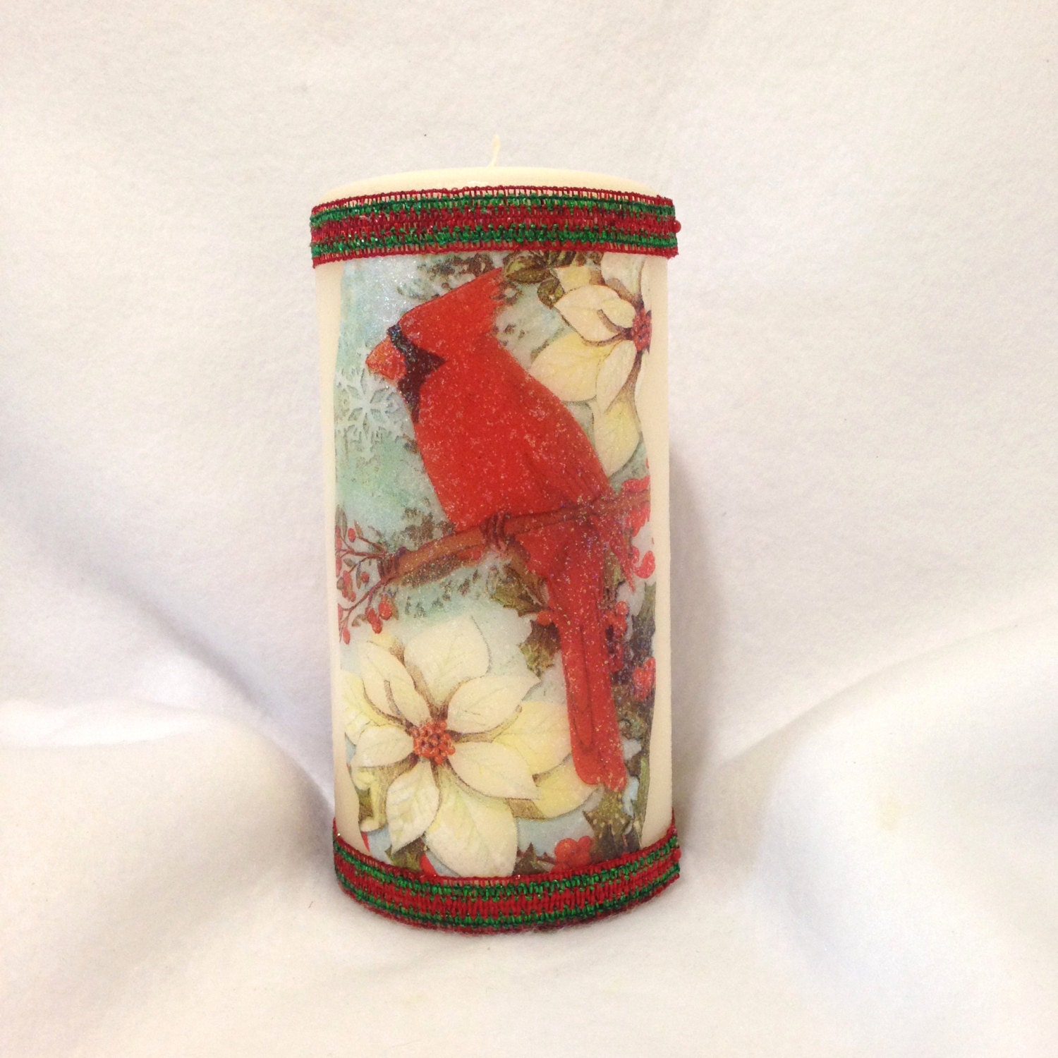 Red Cardinal Pillar Candle Winter Pillar by CreativeGlassByBecky