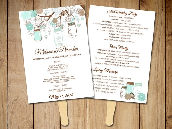 Diy Wedding Program Fan Template Rustic Ceremony Program Quot Mason Jar Quot Sea Foam Mint Blue Free Rustic Wedding Program Templates