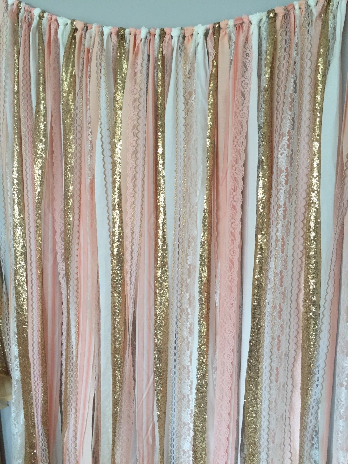 Peach Pink Gold Sparkle Sequin Fabric Backdrop with Lace