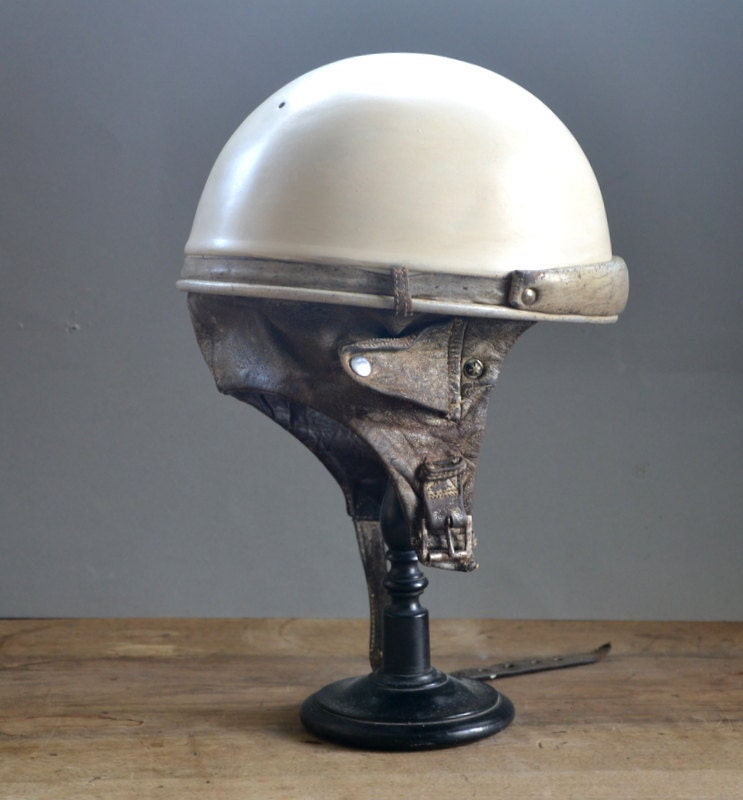 motorcycle helmet vintage French leather and metal 1930s