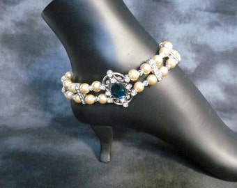 Sapphire Ankle bracelet foot jewelry bridal jewelry bridesmaids jewelry handmade pearl, crystal ankle bracelet