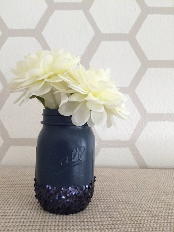 Navy Blue Painted Mason Jar Navy Blue Glitter Mason Jar