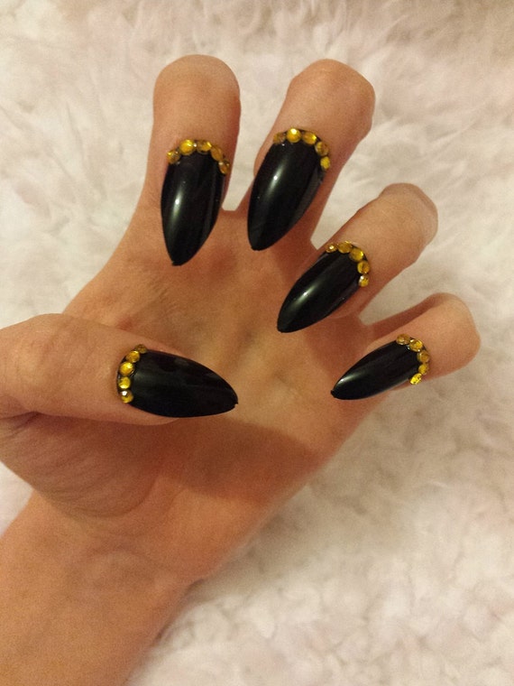 Black and Gold Diamond Stiletto Nails by Ostoksia on Etsy