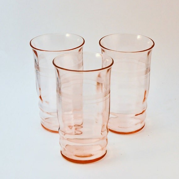 Pink Peach Depression Glass Drinking Glasses Frosted Stripes