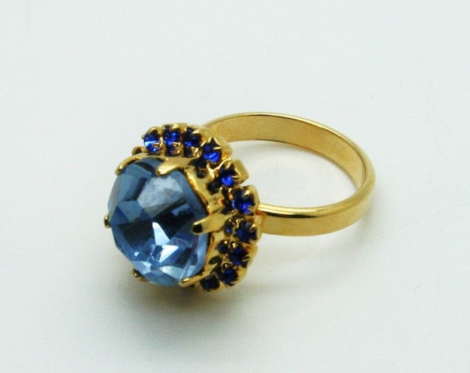 SALE 15% Swarovski Crystal Ring Blue Stones Czech Vintage 60's Gold Plated